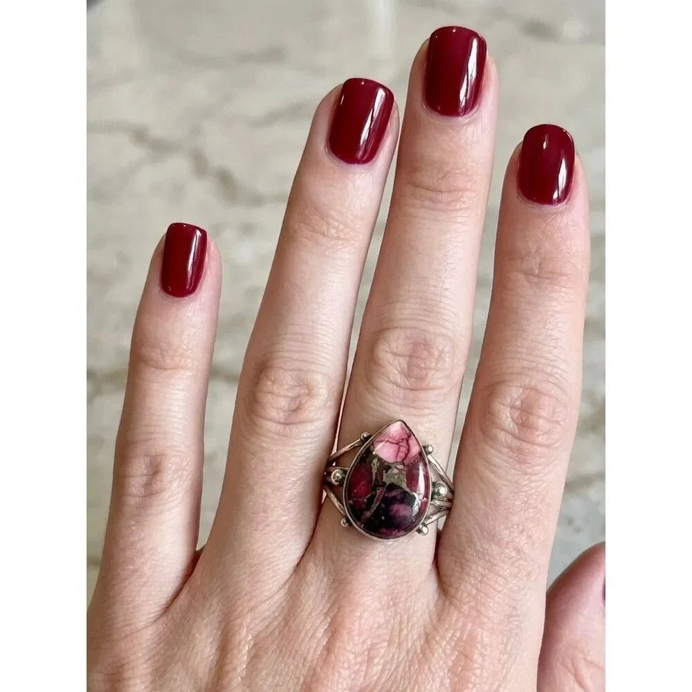 Southwestern Teardrop Red Rose Dahlia Turquoise Statement Ring Silver Size 8